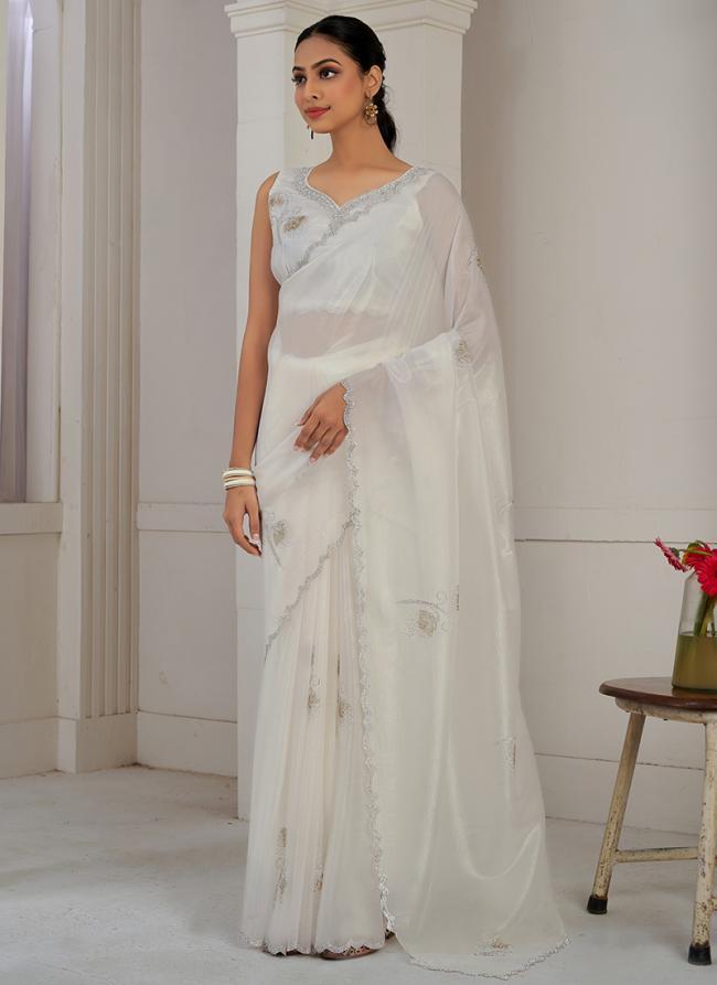 Silk Cream Party Wear Hand Work Saree